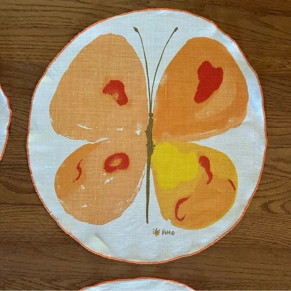 Set of 8 Vintage Vera Neumann Placemats Butterfly MCM Signed Retro Orange Cottag